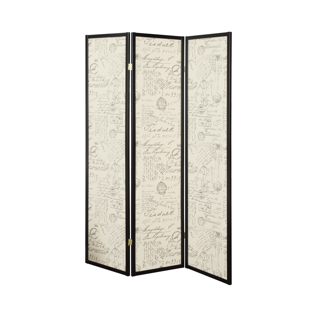 G900074 - 3-Panel French Script Print Folding Screen - Espresso - ReeceFurniture.com