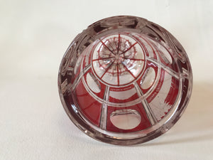 910241 Crystal With 2 Rows Of 5 Each Ruby Flash Panels, Half Cut Circle, Half Engraved Buildings, Cuts On Stem, Base & Bottom Outlined Ruby - ReeceFurniture.com