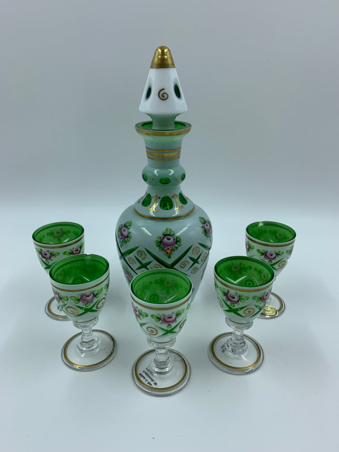 455054 Green Overlay Decanter With Stopper, 6 Goblets With Cuts & Painted Flowers