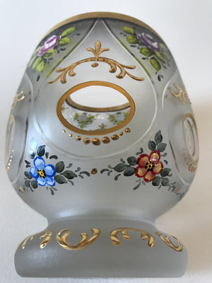 629116 Short Crystal Satin Glass With 6 Teardrop Panels Oval Cuts With Gold Decoration and Painted Flowers, Bohemian Glassware, Rimpler, - ReeceFurniture.com - Free Local Pick Ups: Frankenmuth, MI, Indianapolis, IN, Chicago Ridge, IL, and Detroit, MI