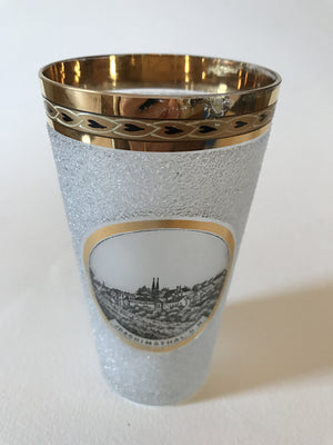 999074 Crystal Pebble Glass With Painting Of Town Joachinsthal. U. M. In Circle, Straight Sides, Gold Rim With Decoration In Rim, Bohemian Glassware, Antique, - ReeceFurniture.com - Free Local Pick Ups: Frankenmuth, MI, Indianapolis, IN, Chicago Ridge, IL, and Detroit, MI
