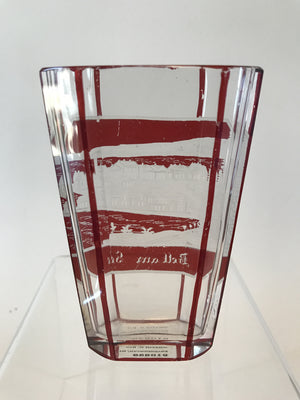 910658 Ruby Flashed Over Crystal Glass With 8 Long Flat Cut Sides On Oval Beaker, Rectangle Panel Of Engraved Building, Ruby Flashed Lines Between Sides, Bohemian Glassware, Antique, - ReeceFurniture.com - Free Local Pick Ups: Frankenmuth, MI, Indianapolis, IN, Chicago Ridge, IL, and Detroit, MI