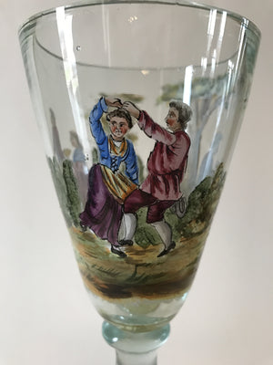 999321 Tall Goblet On Stem With Hand Painted Colored People Playing Flute & Dancing Around Goblet, Painting On Base, Repaired, Bohemian Glassware, Antique, - ReeceFurniture.com - Free Local Pick Ups: Frankenmuth, MI, Indianapolis, IN, Chicago Ridge, IL, and Detroit, MI