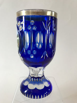 999276 Blue Cased Glass With Cutting Around & Painted Farmhouse & Hills In Cut Circle, Cutting Around Bottom, And On Base, Gold Rim, Bohemian Glassware, Antique, - ReeceFurniture.com - Free Local Pick Ups: Frankenmuth, MI, Indianapolis, IN, Chicago Ridge, IL, and Detroit, MI