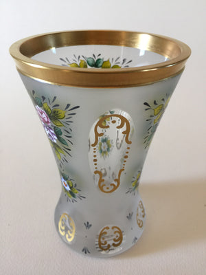 629251 Crystal Satin Glass With Cut Oval & 6 Round Cuts On Base, All Filled With Fancy Gold Decoration & Rim, Painted Flowers Between Cut Ovals, Bohemian Glassware, Rimpler, - ReeceFurniture.com - Free Local Pick Ups: Frankenmuth, MI, Indianapolis, IN, Chicago Ridge, IL, and Detroit, MI