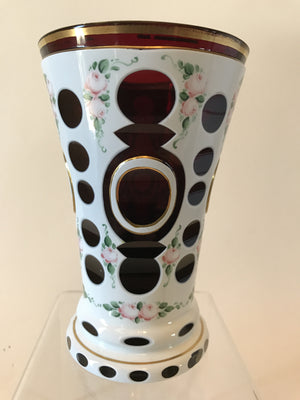 999459 White Cased Glass Over Ruby with sets of round cuts with gold rim & Painted Roses with Leaves, Bohemian Glassware, Unknown German Glass Company, - ReeceFurniture.com - Free Local Pick Ups: Frankenmuth, MI, Indianapolis, IN, Chicago Ridge, IL, and Detroit, MI