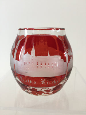 999573 Small Round Glass With 4 Ruby Flashed Panels Of Engraved Buildings, Bohemian Glassware, Antique, - ReeceFurniture.com - Free Local Pick Ups: Frankenmuth, MI, Indianapolis, IN, Chicago Ridge, IL, and Detroit, MI