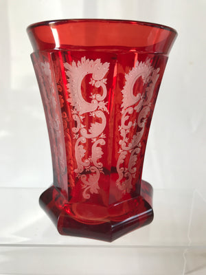 999553 Ruby Flashed With 8 Long Rectangular Sides Of Engraved Fancy Design - ReeceFurniture.com