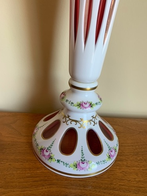 910778 Tall White Over Cranberry Bohemian Handmade Crystalex Painted Floral Vase - ReeceFurniture.com