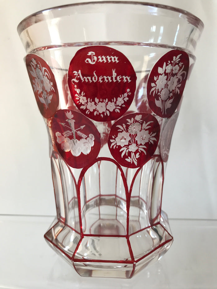 999556 Crystal With Rows Of Ruby Flashed Round Engraved Circles “Zum Andenken"