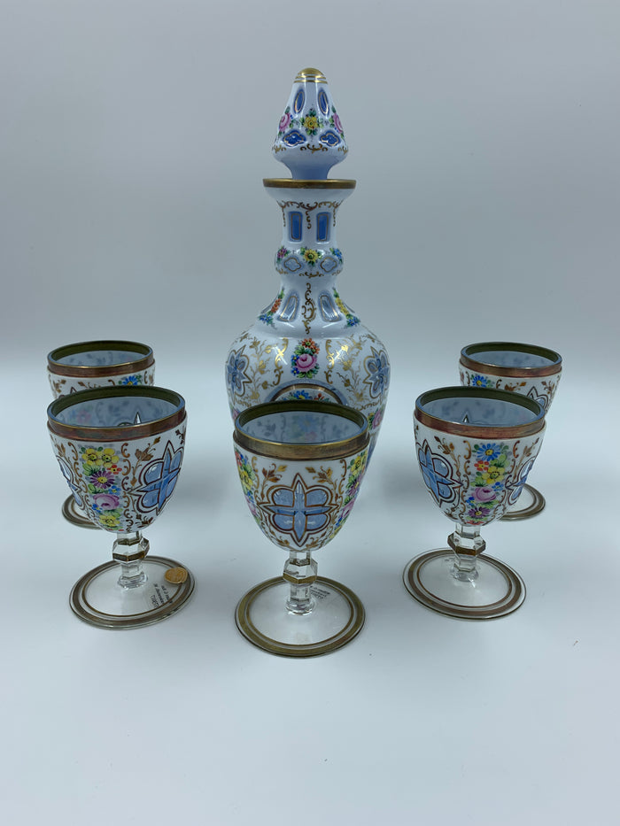 573017 Blue Overlay Fancy Decanter With 5 Glasses With Cuts Painted Flowers & Gold