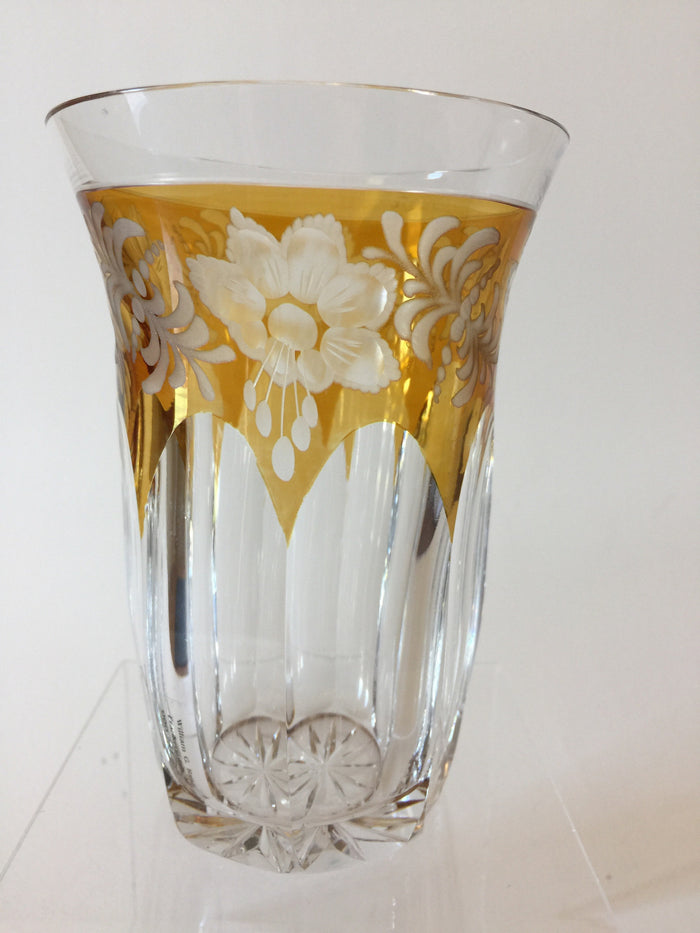 999281 Amber Glass Flashed Crystal W/Engraved Flowers & Draped Flat Long Cuts