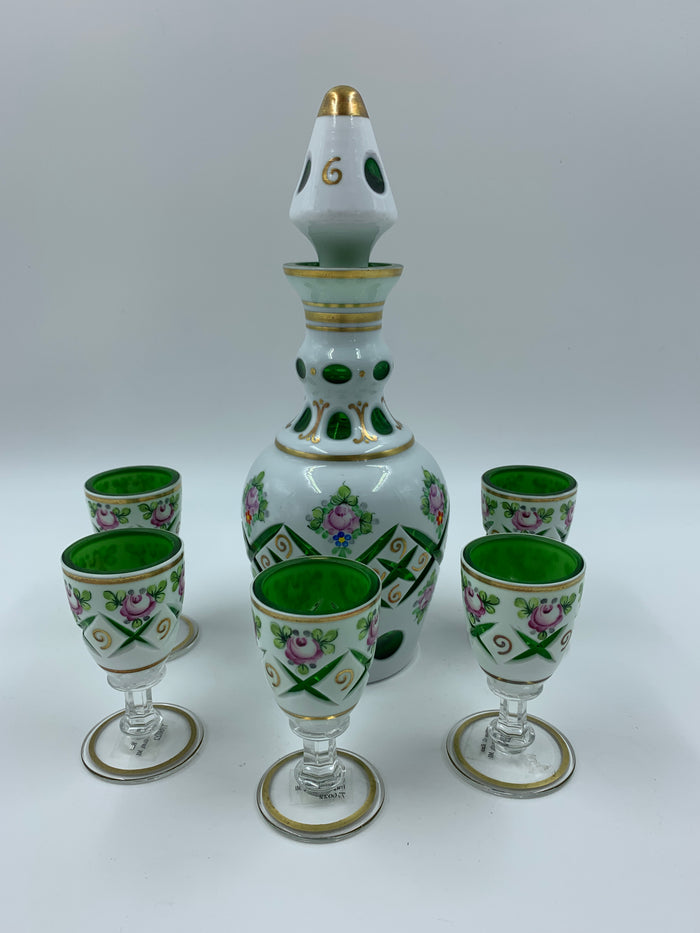 776022 Green Overlay Decanter With Stopper, 6 Goblets With Cuts & Painted Flowers