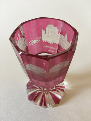 910131 Cranberry Flashed With 8 Long Flat Cut Sides, Engraved Buildings Around Top, Bohemian Glassware, Antique, - ReeceFurniture.com - Free Local Pick Ups: Frankenmuth, MI, Indianapolis, IN, Chicago Ridge, IL, and Detroit, MI