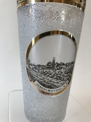 999074 Crystal Pebble Glass With Painting Of Town Joachinsthal. U. M. In Circle, Straight Sides, Gold Rim With Decoration In Rim, Bohemian Glassware, Antique, - ReeceFurniture.com - Free Local Pick Ups: Frankenmuth, MI, Indianapolis, IN, Chicago Ridge, IL, and Detroit, MI