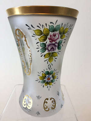 629251 Crystal Satin Glass With Cut Oval & 6 Round Cuts On Base, All Filled With Fancy Gold Decoration & Rim, Painted Flowers Between Cut Ovals, Bohemian Glassware, Rimpler, - ReeceFurniture.com - Free Local Pick Ups: Frankenmuth, MI, Indianapolis, IN, Chicago Ridge, IL, and Detroit, MI