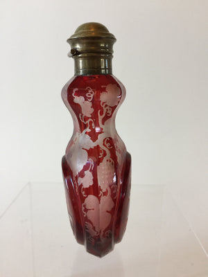 910173 Ruby Flashed Small Perfume Bottle With Metal Top, 2 Circles 1 Engraved Building, Bohemian Glassware, Antique, - ReeceFurniture.com - Free Local Pick Ups: Frankenmuth, MI, Indianapolis, IN, Chicago Ridge, IL, and Detroit, MI