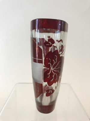 910217 Ruby Glass Flashed Oval With Engraved Building On Front, Ruby Flashed Band On Top & Base, Leaves On Back, Bohemian Glassware, Antique, - ReeceFurniture.com - Free Local Pick Ups: Frankenmuth, MI, Indianapolis, IN, Chicago Ridge, IL, and Detroit, MI