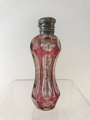 910401 Cranberry Cased Glass Perfume Bottle Figure 8 Shape With 2 Rows Of 6 Each Round Cuts On Top-Long Cuts On Center-Round Cuts On Base, Gold Decoration, Bohemian Glassware, Antique, - ReeceFurniture.com - Free Local Pick Ups: Frankenmuth, MI, Indianapolis, IN, Chicago Ridge, IL, and Detroit, MI