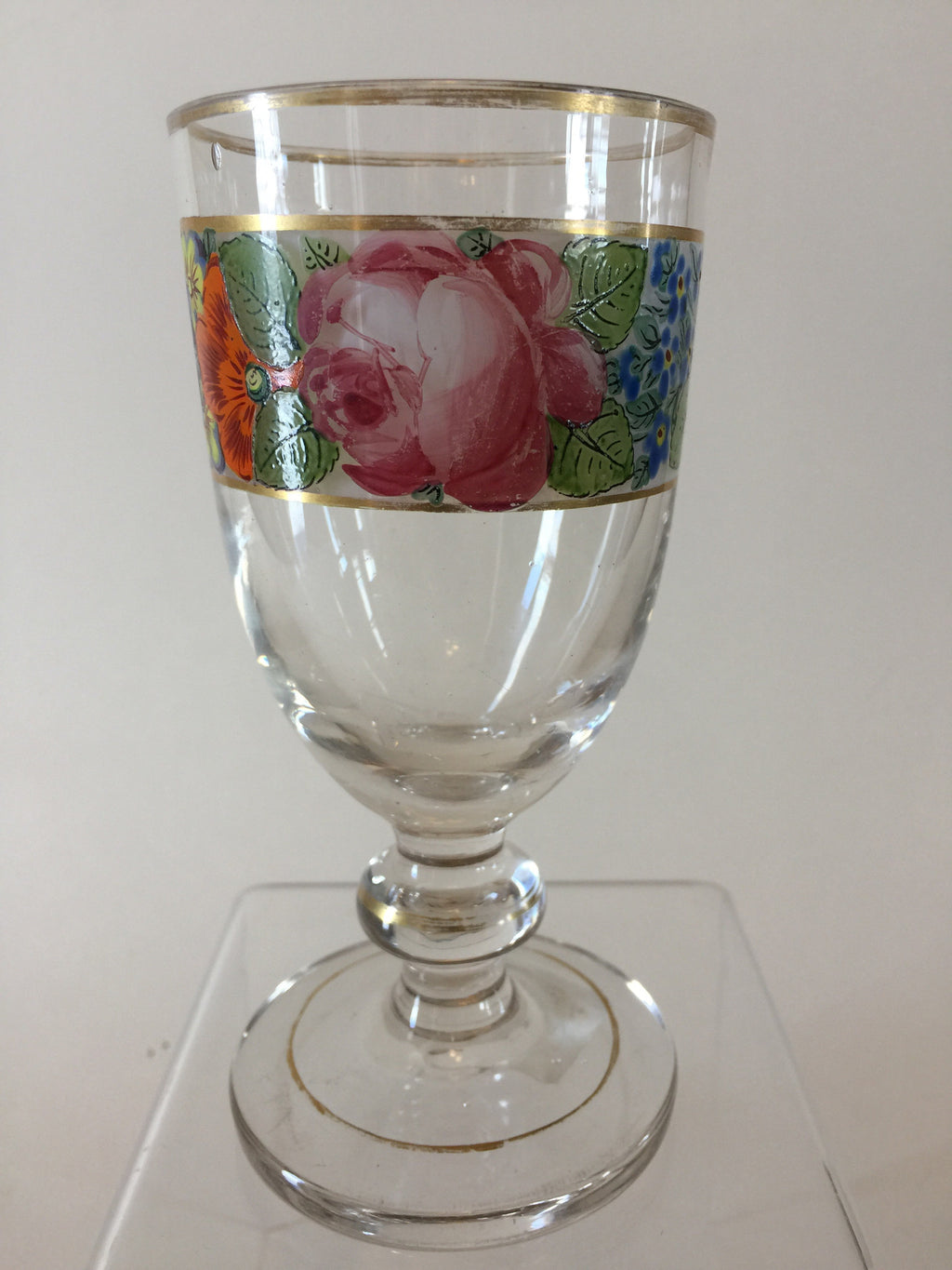 920020 Bohemian Glass Friendship Cup On A Stem with Hand Painted Flowers Around The Top, Bohemian Glasses, Antique, - ReeceFurniture.com - Free Local Pick Ups: Frankenmuth, MI, Indianapolis, IN, Chicago Ridge, IL, and Detroit, MI