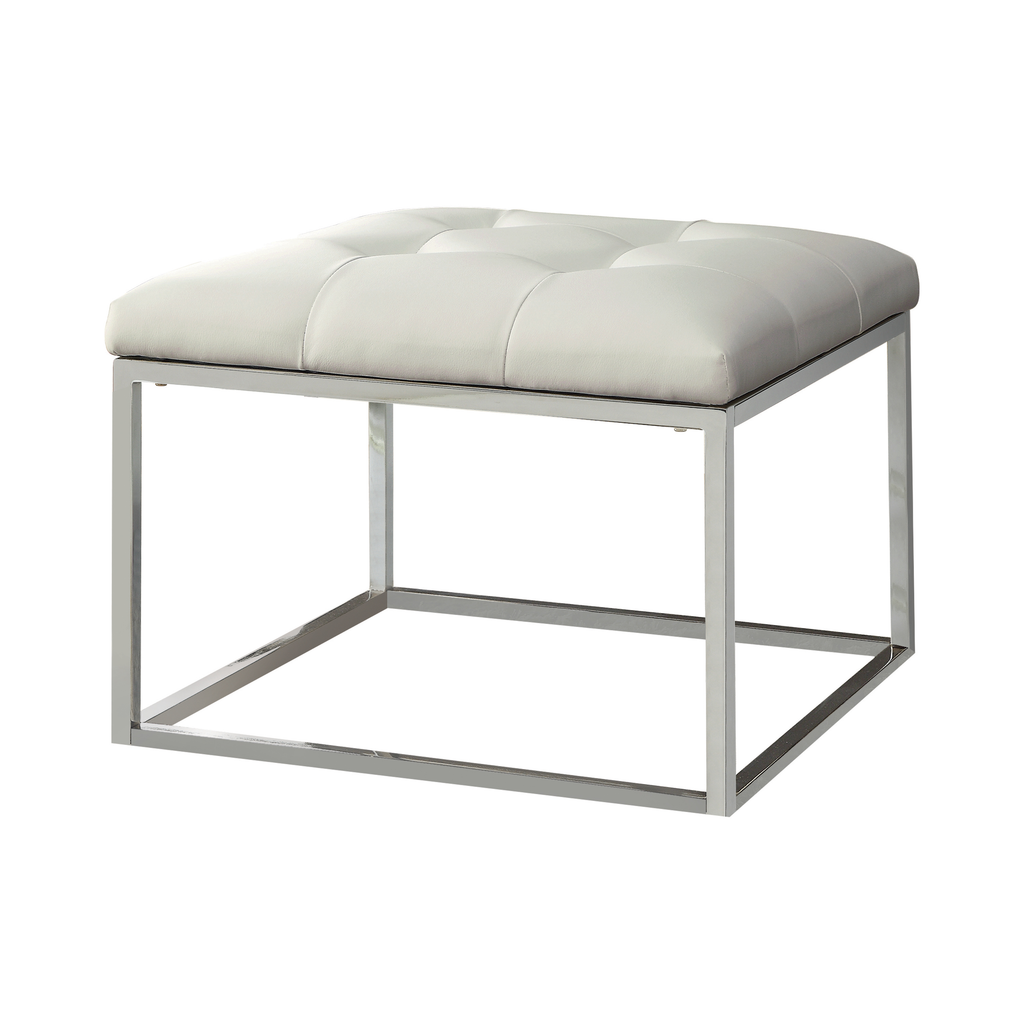 G500423 - Upholstered Tufted Ottoman - White And Chrome - ReeceFurniture.com