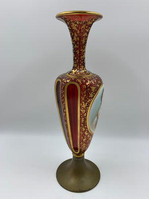 910257 Large Cranberry Vase with Metal Base, Hand Painted Portrait Lady with Gold Filigree - ReeceFurniture.com