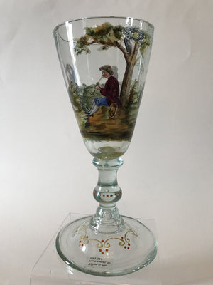 999321 Tall Goblet On Stem With Hand Painted Colored People Playing Flute & Dancing Around Goblet, Painting On Base, Repaired, Bohemian Glassware, Antique, - ReeceFurniture.com - Free Local Pick Ups: Frankenmuth, MI, Indianapolis, IN, Chicago Ridge, IL, and Detroit, MI