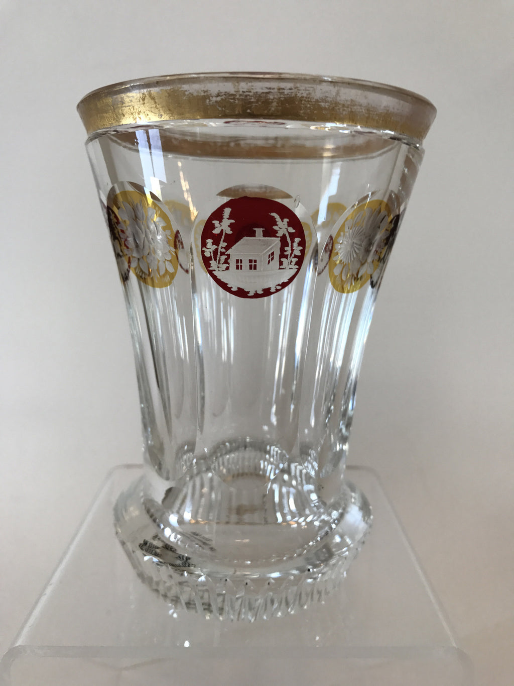 999212 Bohemian Glass with gold rim & 4 Red & 4 Yellow round engraved panels around the top, Bohemian Glassware, Antique, - ReeceFurniture.com - Free Local Pick Ups: Frankenmuth, MI, Indianapolis, IN, Chicago Ridge, IL, and Detroit, MI