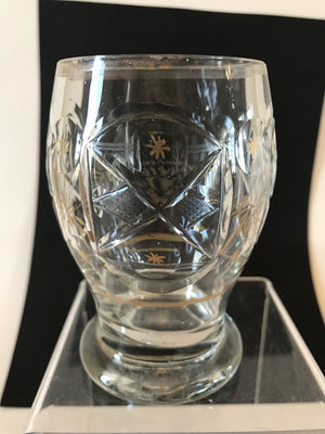 999311 Bohemian Crystal Glass Friendship Cup with rectangle & round cuts around the top half, Bohemian Glassware, Unknown German Glass Company, - ReeceFurniture.com - Free Local Pick Ups: Frankenmuth, MI, Indianapolis, IN, Chicago Ridge, IL, and Detroit, MI
