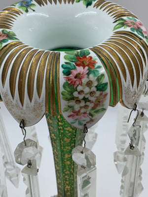 910102 Green Cutback Lustre With Prisms, Painted Flowers & Gold Filigree - ReeceFurniture.com