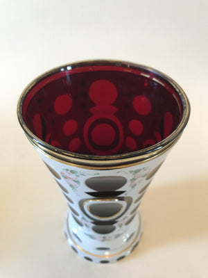 999459 White Cased Glass Over Ruby with sets of round cuts with gold rim & Painted Roses with Leaves, Bohemian Glassware, Unknown German Glass Company, - ReeceFurniture.com - Free Local Pick Ups: Frankenmuth, MI, Indianapolis, IN, Chicago Ridge, IL, and Detroit, MI