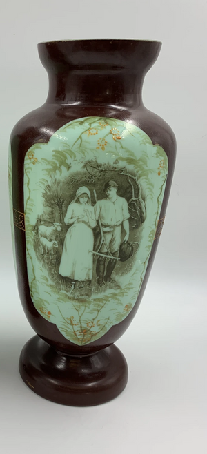 910729 Bohemian Jadeite Glass Vase With Hand Painted Couple & Trees Brown Overlay - ReeceFurniture.com