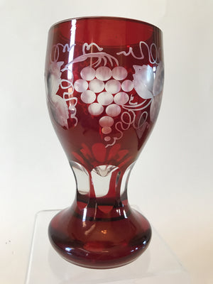 999173 Bohemian Ruby over Crystal Glass Friendship Cup-with 3 panels of engraved grapes & grape leaves, Bohemian Glassware, Antique, - ReeceFurniture.com - Free Local Pick Ups: Frankenmuth, MI, Indianapolis, IN, Chicago Ridge, IL, and Detroit, MI