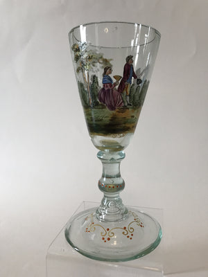 999321 Tall Goblet On Stem With Hand Painted Colored People Playing Flute & Dancing Around Goblet, Painting On Base, Repaired, Bohemian Glassware, Antique, - ReeceFurniture.com - Free Local Pick Ups: Frankenmuth, MI, Indianapolis, IN, Chicago Ridge, IL, and Detroit, MI