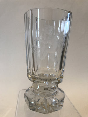 629194 Crystal Glass With 8 Flat Sides & Deep Engraved Boy & Flute On Front, 8 Cut Flat Sides On Base, Star Cut On Bottom, Signed R, Bohemian Glassware, Rimpler, - ReeceFurniture.com - Free Local Pick Ups: Frankenmuth, MI, Indianapolis, IN, Chicago Ridge, IL, and Detroit, MI