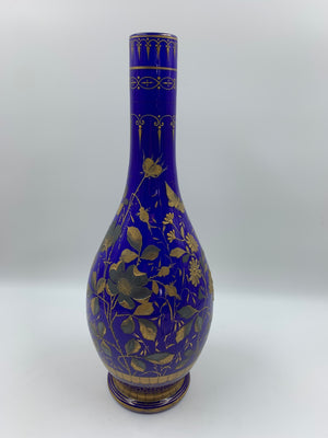 999536 Tall Blue Overlay Opal Vase W\Gold Flowers & Leaves, Fancy - ReeceFurniture.com