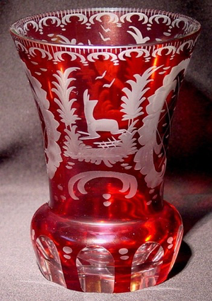 517011 Ruby Over Crystal Glass W/Deer, Bird & Ornate Engraved Designs - ReeceFurniture.com