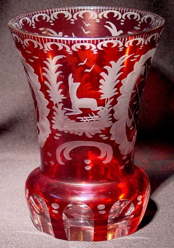 517011 Ruby Over Crystal Glass W/Deer, Bird & Ornate Engraved Designs
