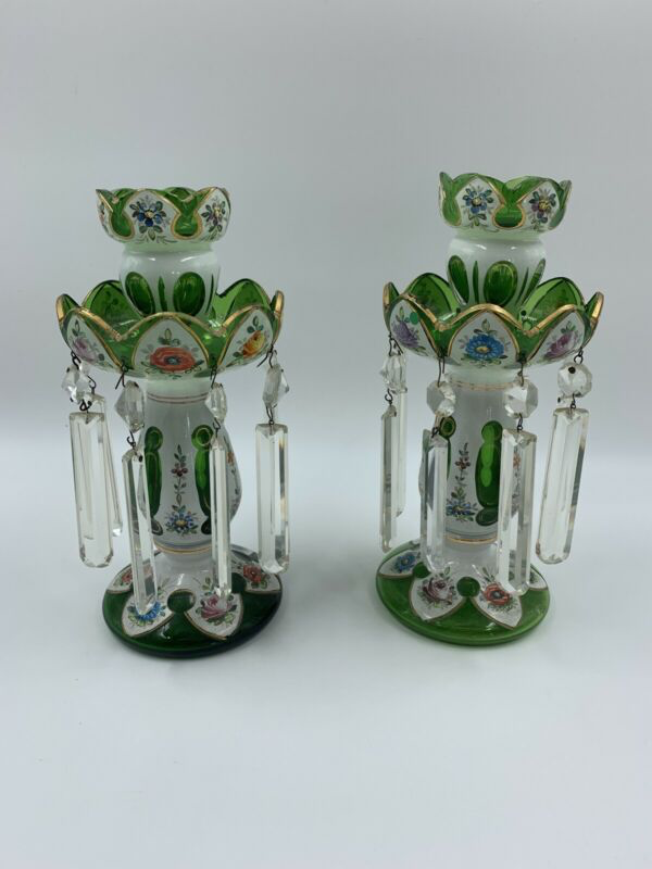 910578 Pair of Green Bohemian Overlay Lustre With Gold and Floral Decor & Stoppers