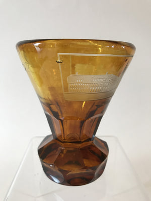 999436 Amber Flashed With Engraved Building "Bad Bu Driburg" On Front, E W On Back, Straight Sides With Wide Flair, Cutting On Bottom & Base, Bohemian Glassware, Antique, - ReeceFurniture.com - Free Local Pick Ups: Frankenmuth, MI, Indianapolis, IN, Chicago Ridge, IL, and Detroit, MI