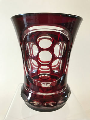 999640 Ruby over Crystal Glass with oval Cut & Round Cuts on the front with a cut circle around them,12 Cuts around the base & Star Cut on the bottom, Bohemian Glassware, Antique, - ReeceFurniture.com - Free Local Pick Ups: Frankenmuth, MI, Indianapolis, IN, Chicago Ridge, IL, and Detroit, MI