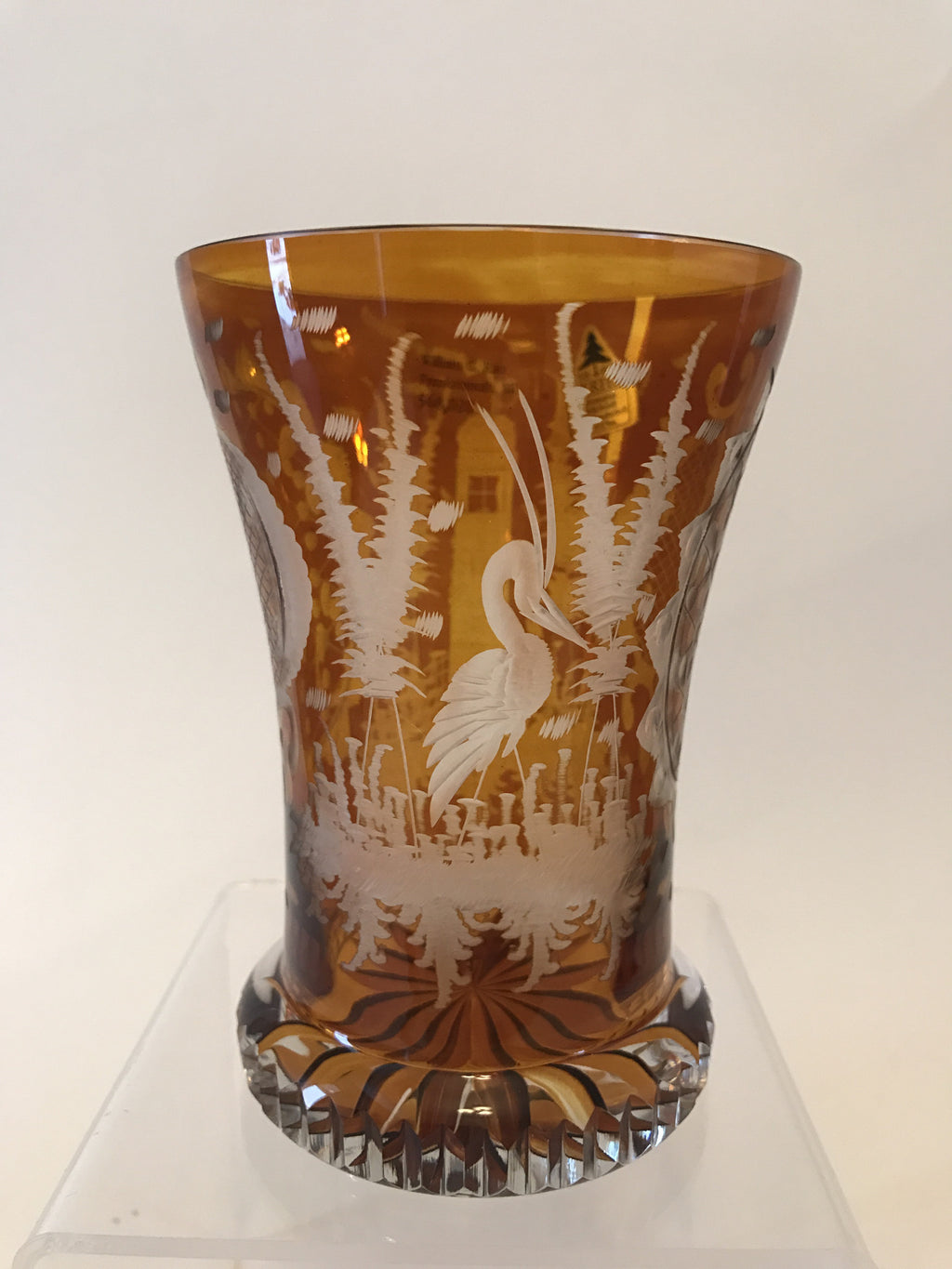 568020 Crystal Glass With Amber Flashed, Engraved Heron, Tall Building and two Decorated Designs, Bohemian Glassware, Antique, - ReeceFurniture.com - Free Local Pick Ups: Frankenmuth, MI, Indianapolis, IN, Chicago Ridge, IL, and Detroit, MI