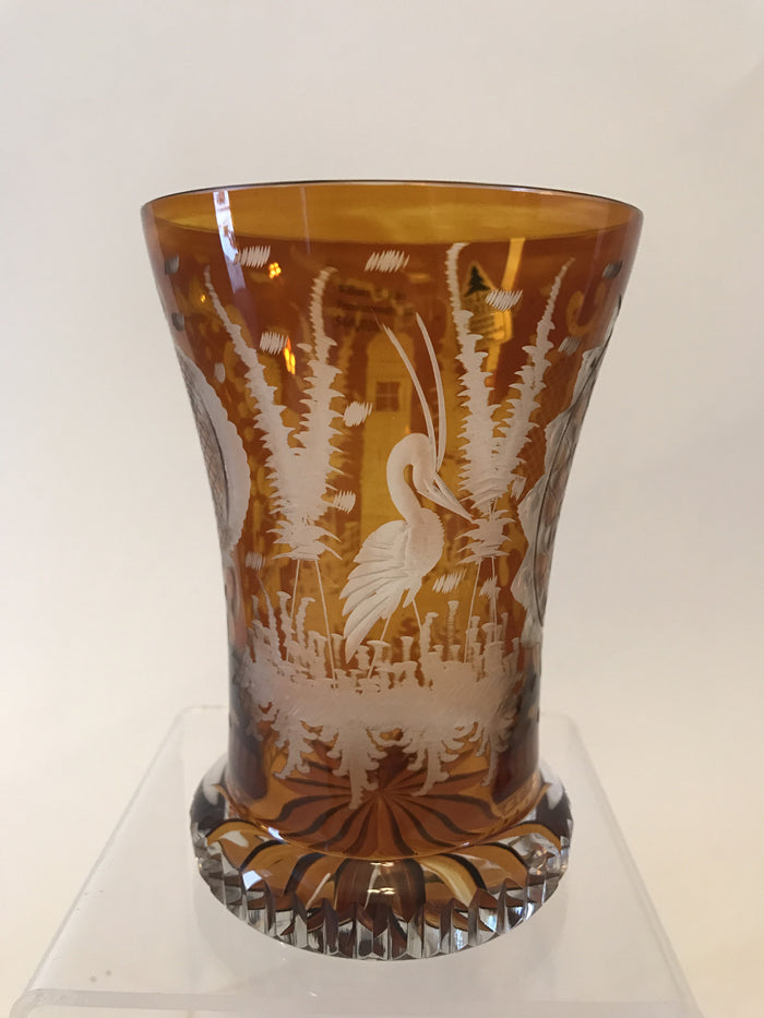 568020 Crystal Glass With Amber Flashed, Engraved Heron, Tall Building and two Decorated Designs