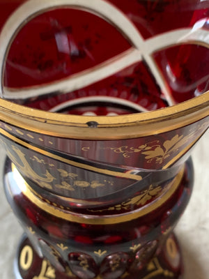 999386 Ruby Over Crystal Glass With 3 Panels of Gold Painted Decorations - ReeceFurniture.com