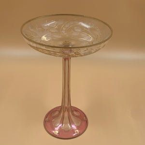 910225 Lobmeyr Cranberry Cased Crystal Stem Tazza With Crystal Bowl Engraved Leaves & Design Painted Gold - ReeceFurniture.com