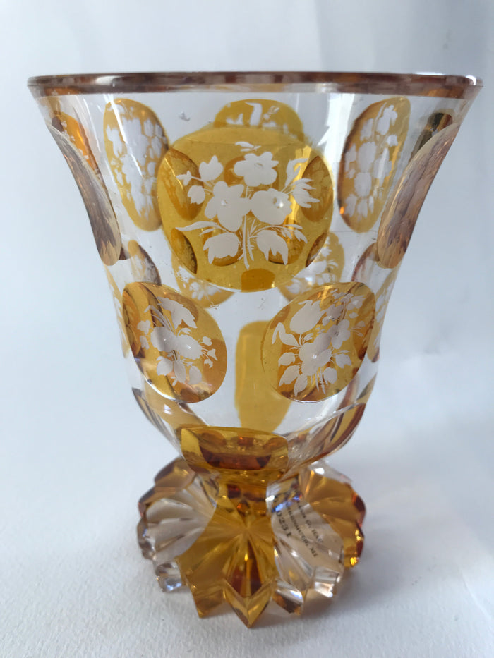 910231 Crystal Glass With Round Amber Flashed Panels Of Engraved Flowers
