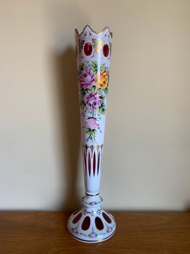 910778 Tall White Over Cranberry Bohemian Handmade Crystalex Painted Floral Vase