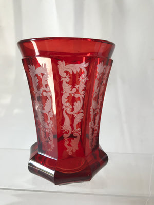 999553 Ruby Flashed With 8 Long Rectangular Sides Of Engraved Fancy Design - ReeceFurniture.com
