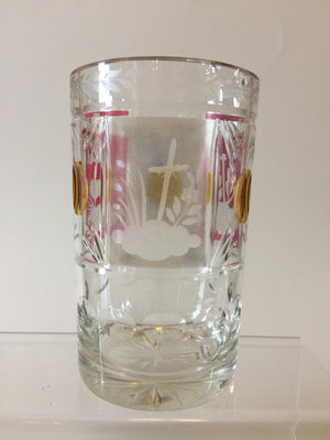 999302 Crystal With 2 Cranberry & 1 Blue Flashed Panels, With Engraved Cross, Bohemian Glassware, Antique, - ReeceFurniture.com - Free Local Pick Ups: Frankenmuth, MI, Indianapolis, IN, Chicago Ridge, IL, and Detroit, MI
