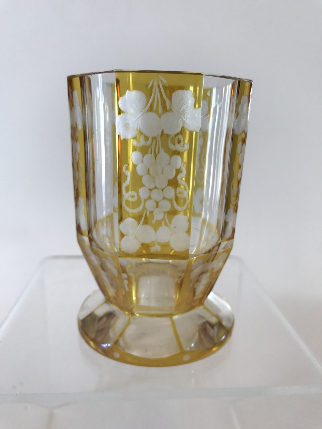 920021 Amber over Crystal Glass 8 Panels with Grapes, Vines and Leaves, Bohemian Glasses, Antique, - ReeceFurniture.com - Free Local Pick Ups: Frankenmuth, MI, Indianapolis, IN, Chicago Ridge, IL, and Detroit, MI